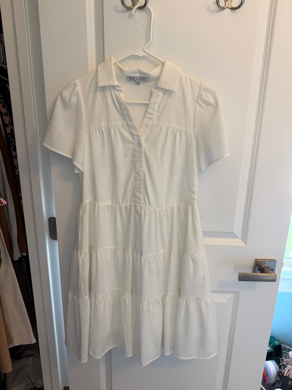 Joy Joy White Tiered Collared Mini Dress